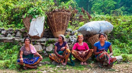 Women in Nepal resting after working in the community forest